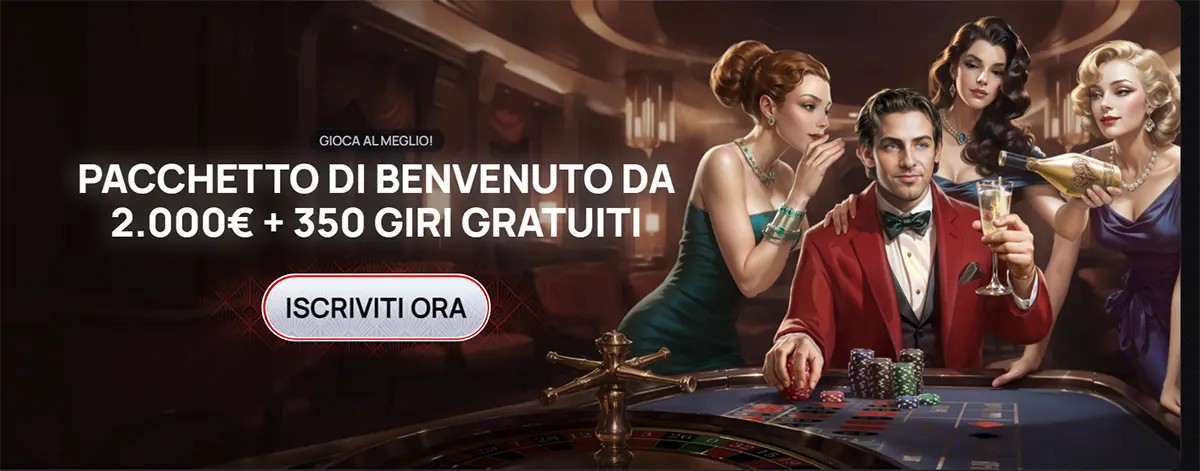 Casino welcome banner in Italian featuring a €2,000 bonus plus 350 free spins, with a “Sign Up Now” button and elegant casino scene with players around a roulette table on a dark background.