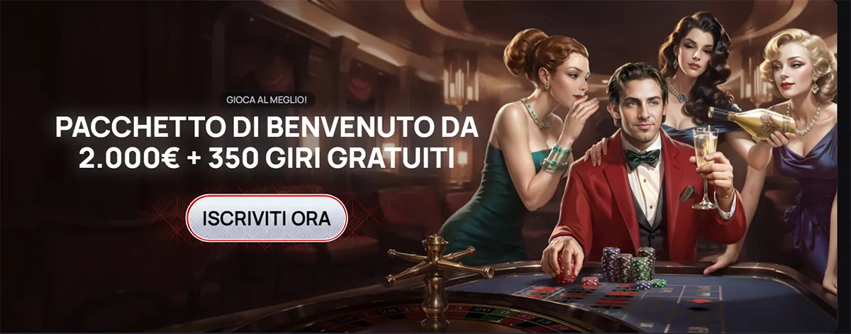 Casino welcome banner in Italian featuring a €2,000 bonus plus 350 free spins, with a “Sign Up Now” button and elegant casino scene with players around a roulette table on a dark background.