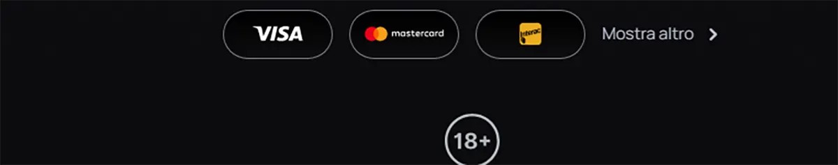 Casino footer showing Visa, Mastercard, and Interac payment methods with a “Show more” option and an 18+ age restriction icon on a dark background.