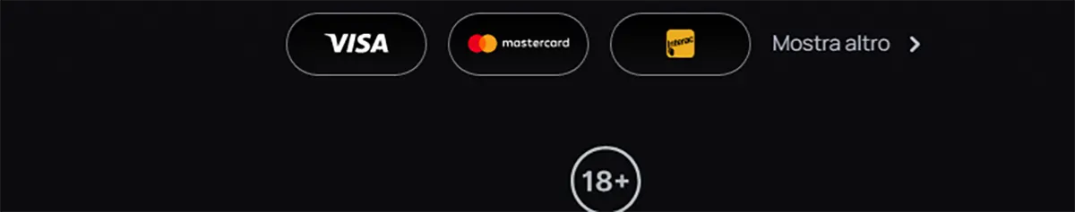 Casino footer showing Visa, Mastercard, and Interac payment methods with a “Show more” option and an 18+ age restriction icon on a dark background.