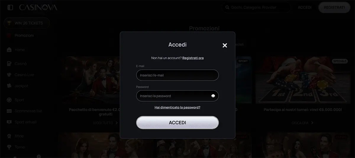 Casino login popup in Italian with email and password fields, a “Forgot password?” link, and an “Accedi” (Log In) button, with a registration option shown above on a dark interface.