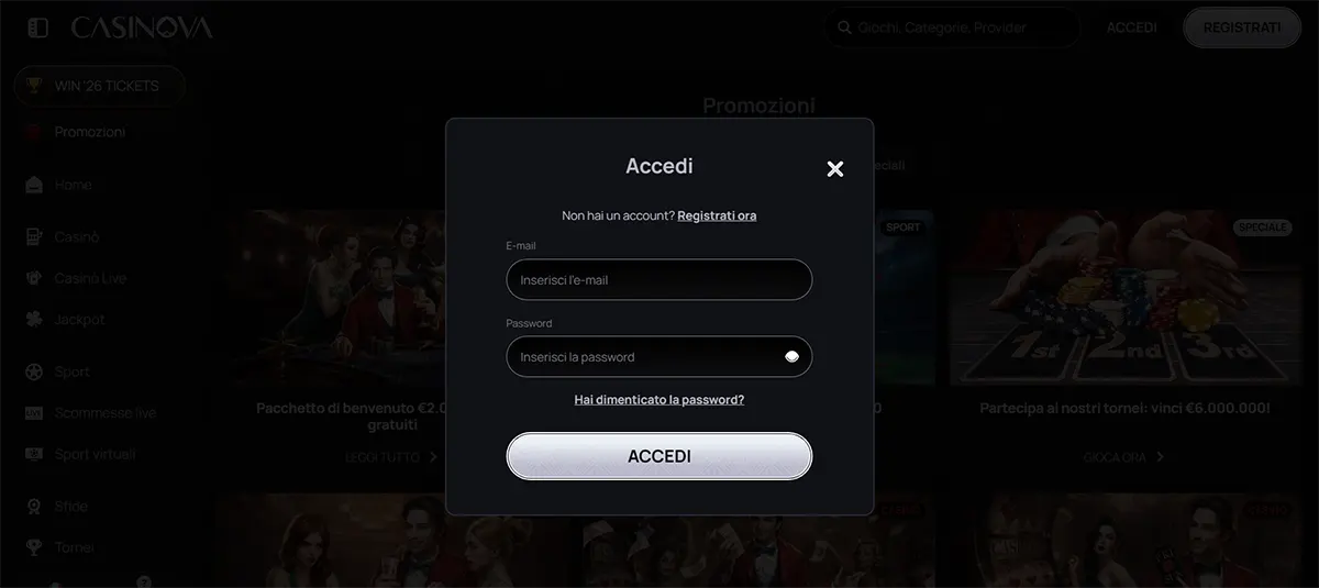 Casino login popup in Italian with email and password fields, a “Forgot password?” link, and an “Accedi” (Log In) button, with a registration option shown above on a dark interface.